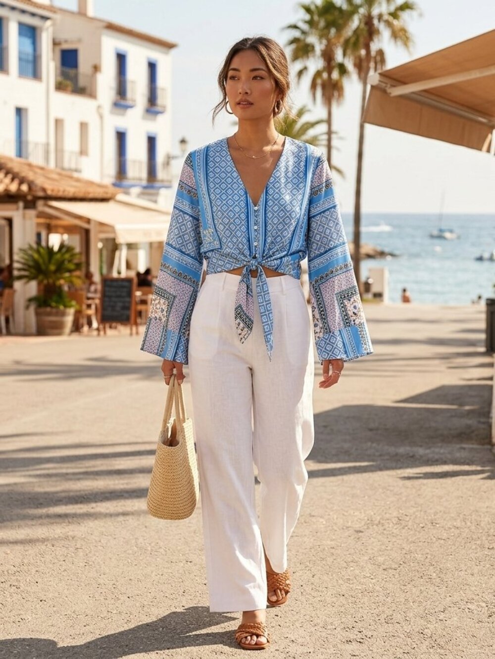 Lulus NWT Moments in Mykonos Blue Scarf Print Satin Tie-Front Crop Blouse S